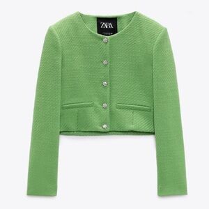 ZARA | CROPPED LIME GREEN TWEED BLAZER JACKET RHINESTONE BUTTON SIZE SMALL